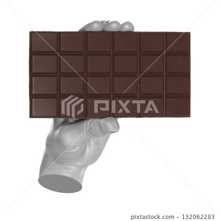 Woman hand holds chocolate bar, isolated on transparent background, sweet food concept. Contemporary art concept Woman hand holds chocolate bar, isolated on transparent background, sweet food concept. Contemporary art concept 132062283