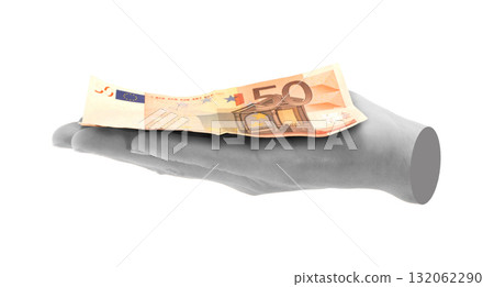 Hand holds Euro cash bills, isolated on transparent background, business concept. Contemporary art design 132062290