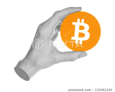 Hand holds Bitcoin icon, isolated on transparent background, business concept. Contemporary art design 132062293