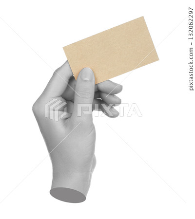 Hand holds craft blank business card, isolated on transparent background, business concept. Contemporary art design Hand holds craft blank business card, isolated on transparent background, business concept. Contemporary art design 132062297