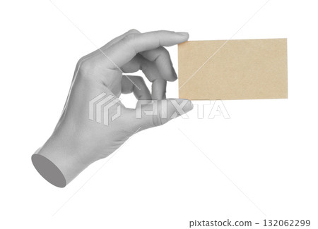Hand holds craft blank business card, isolated on transparent background, business concept. Contemporary art design Hand holds craft blank business card, isolated on transparent background, business concept. Contemporary art design 132062299