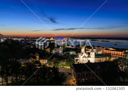 Sunset Panorama of Nizhny Novgorod with Churches and Riverscape 132062305