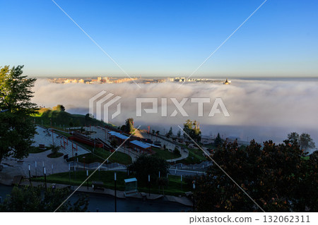 Fog Over River at Sunrise Nizhny Novgorod 132062311