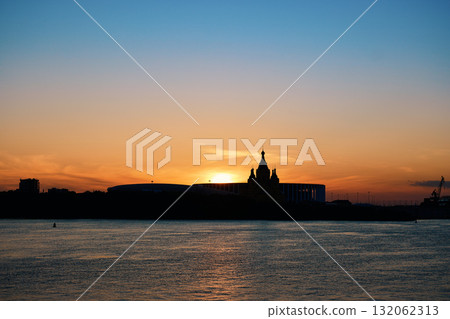 Sunset Silhouette of Alexander Nevsky Cathedral in Nizhny Novgorod 132062313