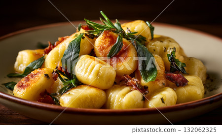 Golden Pan-Fried Gnocchi with Rosemary, Sage, and Crispy Pancetta on Rustic Ceramic Plate 132062325