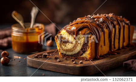 Marbled Vanilla and Chocolate Cake with Glossy Glaze, Hazelnuts, and Caramel Jar on Wooden Board 132062371