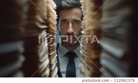 Man in Suit Standing Between Towering Paper Stacks in Narrow Corridor 132062379