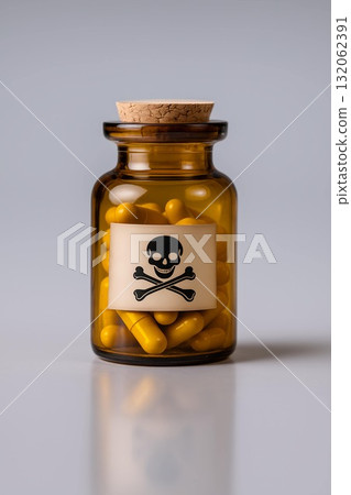 Amber glass jar filled with yellow capsules and a skull and crossbones label for warning 132062391