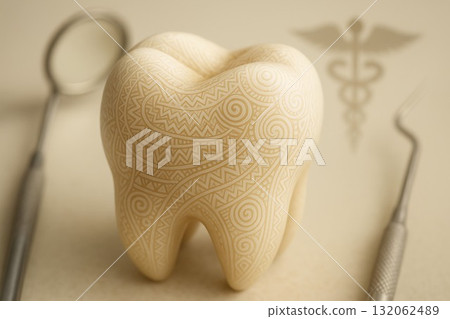Intricately designed tooth sculpture with dental tools and medical symbol in background Intricately designed tooth sculpture with dental tools and medical symbol in background 132062489