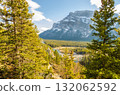 Spectacular Hoodoos viewpoint of dramatic limestone Rundle mountain and valley of Bow river at Banff National Park in Alberta, Canada 132062592