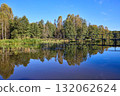 Serene Forest Lake with Wooden Bridge Reflection 132062624