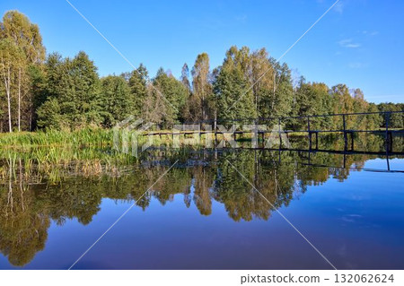 Serene Forest Lake with Wooden Bridge Reflection Serene Forest Lake with Wooden Bridge Reflection 132062624