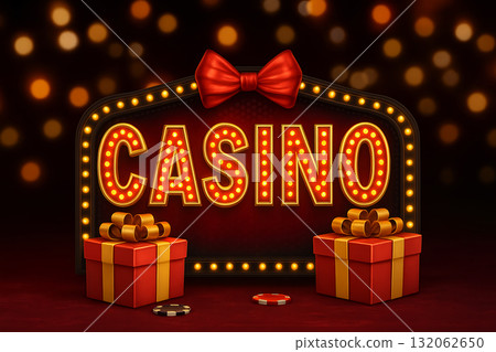 Colorful casino sign with bright lights and gift boxes in festive atmosphere Colorful casino sign with bright lights and gift boxes in festive atmosphere 132062650