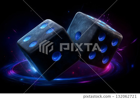 Two glowing dice floating in a cosmic space with vibrant colors and light effects Two glowing dice floating in a cosmic space with vibrant colors and light effects 132062721