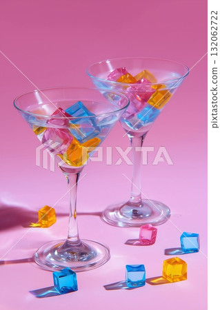 Colorful cocktail glasses with vibrant ice cubes on a pink background for refreshing drinks 132062722