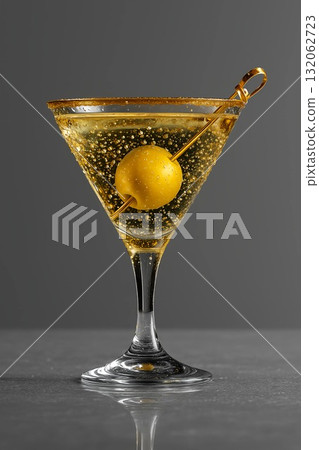 Elegant cocktail glass filled with sparkling drink and garnished with an olive Elegant cocktail glass filled with sparkling drink and garnished with an olive 132062723