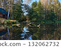 Tranquil Reflections: House and Trees Mirrored in River 132062732