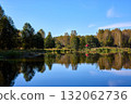 Serene Forest Lake with Wooden Bridge Reflection 132062736