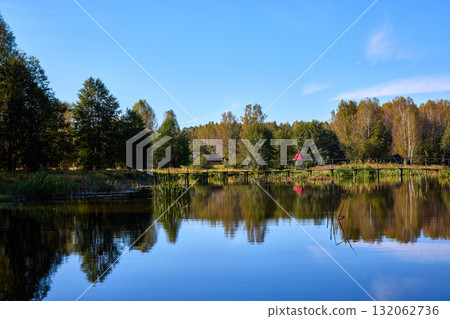 Serene Forest Lake with Wooden Bridge Reflection Serene Forest Lake with Wooden Bridge Reflection 132062736