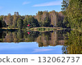 Serene Forest Lake with Wooden Bridge Reflection 132062737