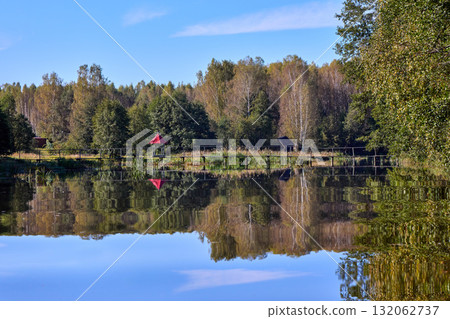 Serene Forest Lake with Wooden Bridge Reflection Serene Forest Lake with Wooden Bridge Reflection 132062737