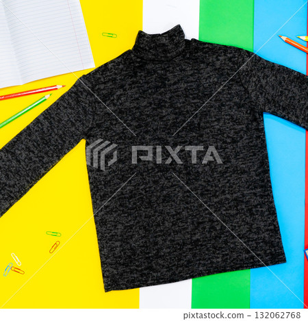 Boy's sweatshirt design with long raglan sleeves in black navy blue color, flat sketch, front and back views 132062768