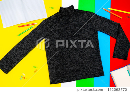 Boy's sweatshirt design with long raglan sleeves in black navy blue color, flat sketch, front and back views 132062770