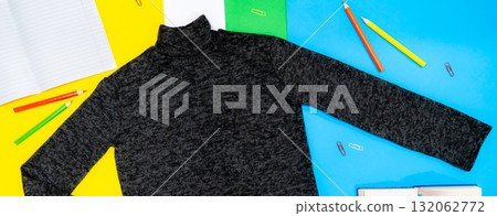 Boy's sweatshirt design with long raglan sleeves in black navy blue color, flat sketch, front and back views Boy's sweatshirt design with long raglan sleeves in black navy blue color, flat sketch, front and back views 132062772