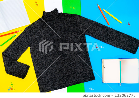 Boy's sweatshirt design with long raglan sleeves in black navy blue color, flat sketch, front and back views Boy's sweatshirt design with long raglan sleeves in black navy blue color, flat sketch, front and back views 132062773