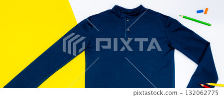 Boy's sweatshirt design with long raglan sleeves in black navy blue color, flat sketch, front and back views Boy's sweatshirt design with long raglan sleeves in black navy blue color, flat sketch, front and back views 132062775
