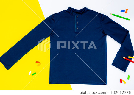 Boy's sweatshirt design with long raglan sleeves in black navy blue color, flat sketch, front and back views Boy's sweatshirt design with long raglan sleeves in black navy blue color, flat sketch, front and back views 132062776