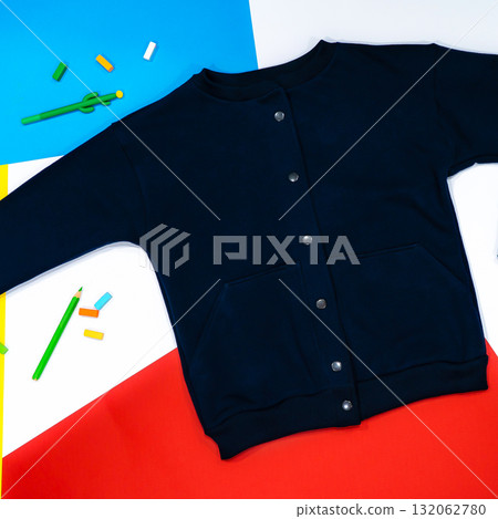 Boy's sweatshirt design with long raglan sleeves in black navy blue color, flat sketch, front and back views Boy's sweatshirt design with long raglan sleeves in black navy blue color, flat sketch, front and back views 132062780