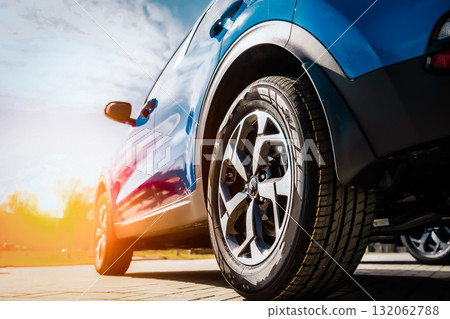 Blue Family business spotrs hatchback Car on sunset. Business success concept 132062788