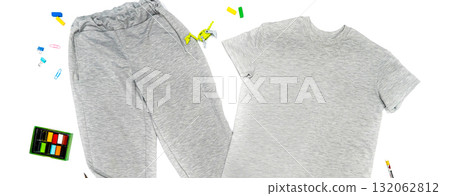 Blank male and female round neck raglan t-shirt and sweatpants in front, back views. Clothing templates. Fashion set. Casual, sport style. Active wear. illustration. Isolated on white. Blank male and female round neck raglan t-shirt and sweatpants in front, back views. Clothing templates. Fashion set. Casual, sport style. Active wear. illustration. Isolated on white. 132062812