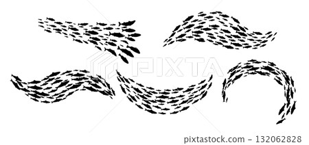Fish school, vector silhouette in wave shape isolated on white background. Abstract sea tuna illustration 132062828