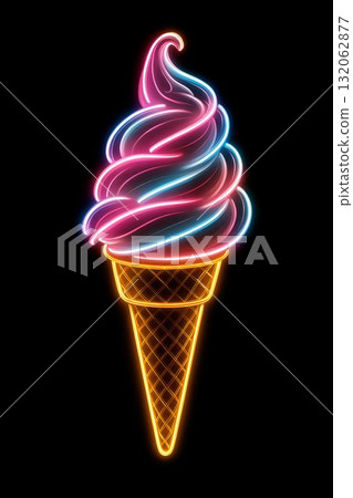Neon illustration of colorful ice cream cone with vibrant swirls and glowing details Neon illustration of colorful ice cream cone with vibrant swirls and glowing details 132062877