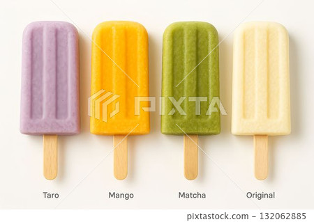 Colorful frozen popsicles in various flavors arranged on a light background with copy space 132062885
