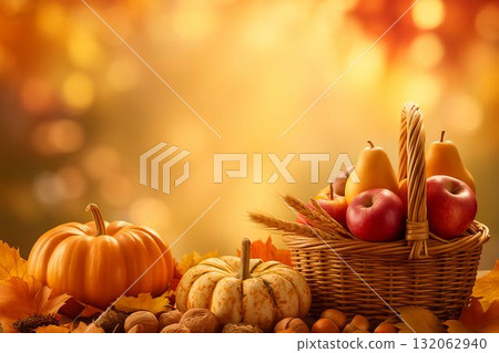 Autumn harvest display with pumpkins, apples, and pears in a woven basket on colorful leaves 132062940
