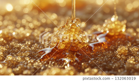 An extreme macro close-up photograph showcasing the complex crystallized texture of honey, illuminated by warm, intense golden hour light.  132063019