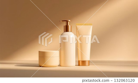 Minimalist skincare products displayed on a soft beige background with natural lighting 132063120