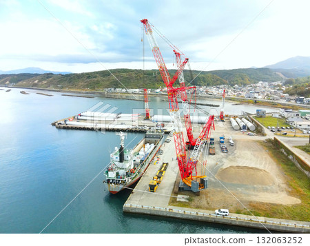 Aerial view of the wind turbine removal base in Esashi, Hokkaido in autumn 132063252