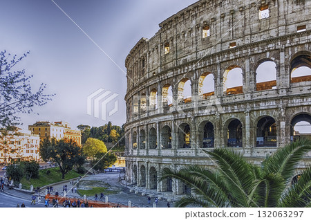View over the Flavian Amphitheatre, aka Colosseum in Rome, Italy 132063297