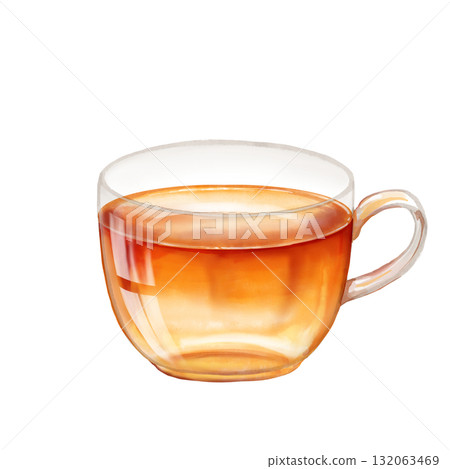 Hand-drawn is Illustration of glass cup filled with hot tea, isolated on white background. Design for cafe menu decor, kitchen posters, or tea party invitations. 132063469