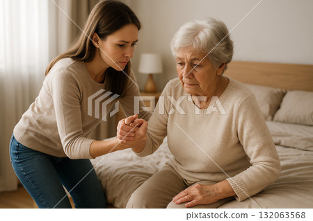 一名護理人員幫助一位老年婦女起床 132063568