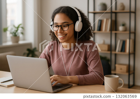 一位年輕女性正在享受在家使用電腦進行遠端工作 132063569