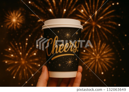 Cheers coffee cup against festive fireworks background, celebrating New Years Eve or special occasions. Cheers coffee cup against festive fireworks background, celebrating New Years Eve or special occasions. 132063649