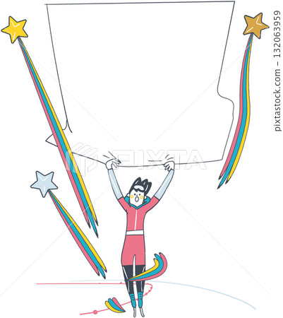 Speed skater celebrating victory, raising his flag on the ice like a national flag, message space included 132063959