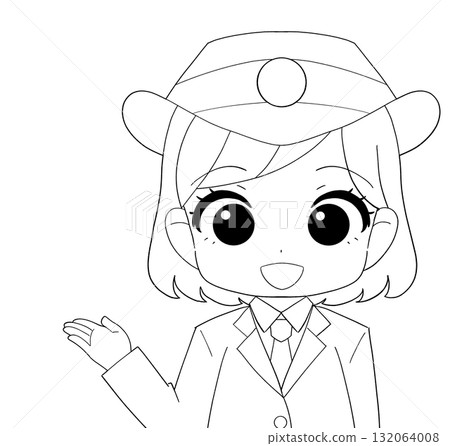 A cute black and white illustration of a female station attendant wearing a long-sleeved uniform 132064008