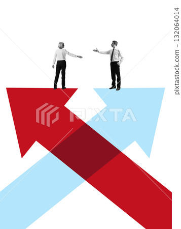 Graphic composition. Business partners reaching out across red and blue arrows symbolizing negotiation Graphic composition. Business partners reaching out across red and blue arrows symbolizing negotiation 132064014