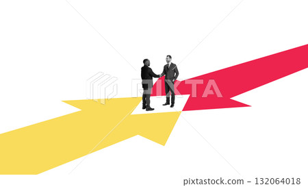 Minimalist composition. Businessmen shaking hands over intersecting red and yellow arrows symbolizing cooperation 132064018